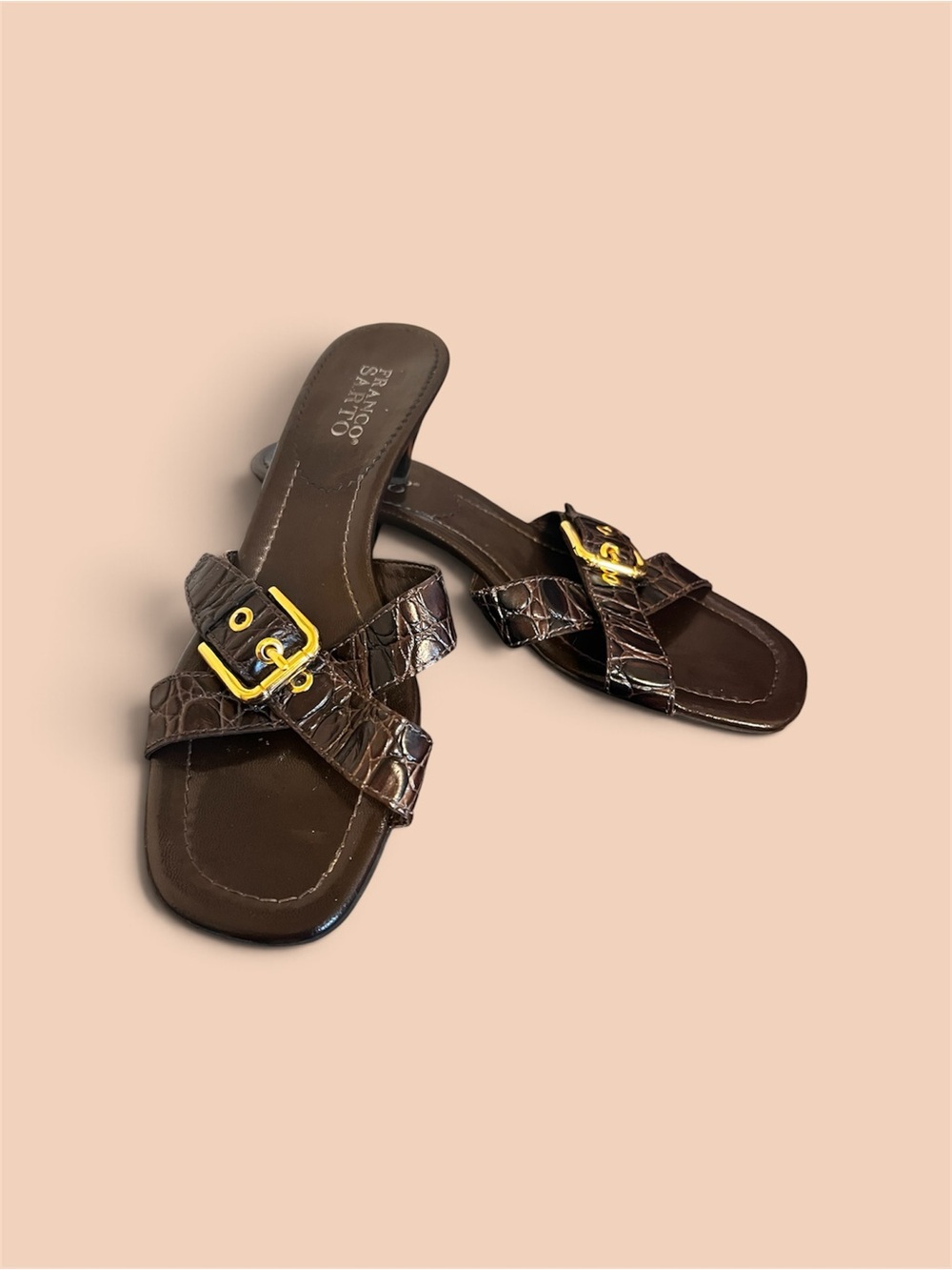 Franco Sarto Dark Brown Croc-Embossed Slide Mules with Gold Buckle